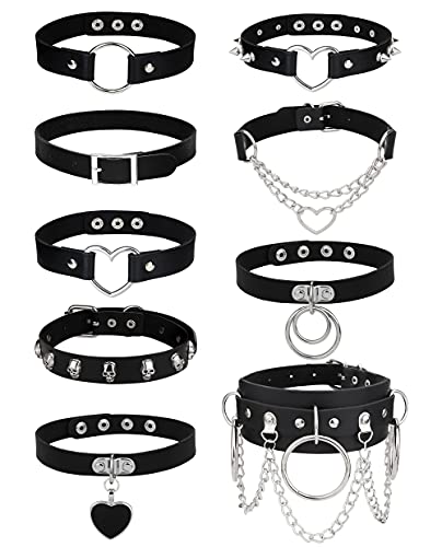 JeweBella 9PCS Gothic Choker Halsband für Damen Frauen PU Leder Halskette Set Punk Kette Schwarz Halsband Choker Spikes Rock Lederband Choker Kragen Cosplayer Herz Nieten Choker Verstellbarer