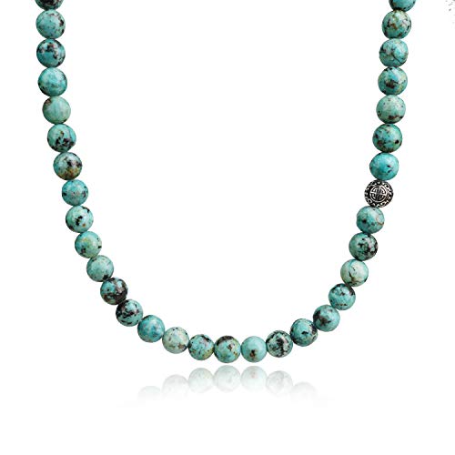 COAI Geschenkideen Herren Halskette aus Afrikanischem Türkis Perlenkette Bead Kette mit Chinesischer Langlebigkeit Charm aus Silber 55cm