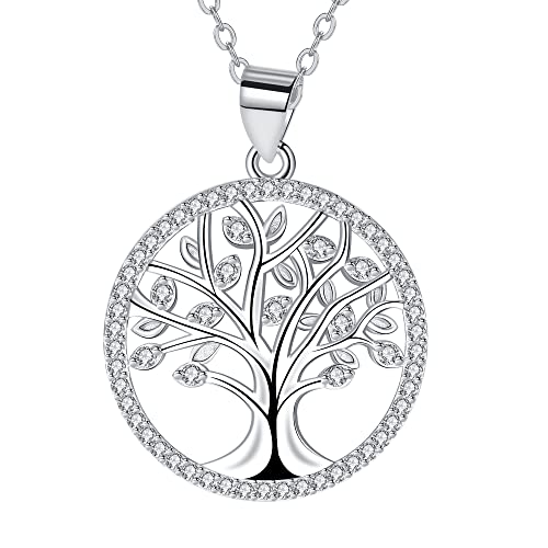 J.MUEN Lebensbaum Kette Damen 925 Sterling Silber Anhänger mit Halskette 45+5cm, Schmuck Geschenke für Frauen (Silber-2)