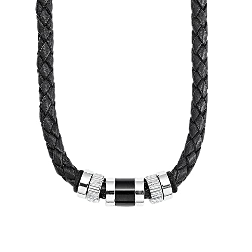 s.Oliver Halsband Edelstahl Leder Herren Halsschmuck, 45+3 cm, Schwarz, Kommt in Schmuck Geschenk Box, 9066681