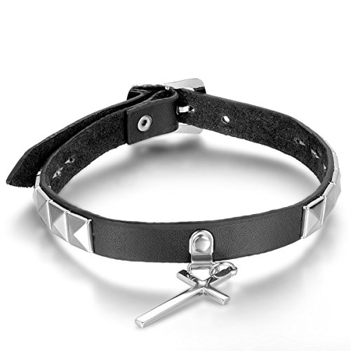 JewelryWe Schmuck Herren Damen Choker Halskette Halsband, Retro Legierung Kreuz Anhänger mit Nieten Leder Kette, Schwarz Silber