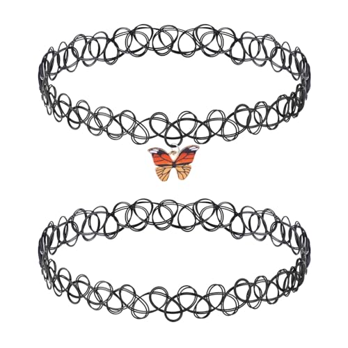 DIVINA VITAE 2 Stück Tattoo Kette Choker Kette Damen Stretch Schmuck 90s Halskette für Damen Teenager Mädchen Schwarze Anhänger Schmuck für Sommerstil Tattoo Choker Halsband