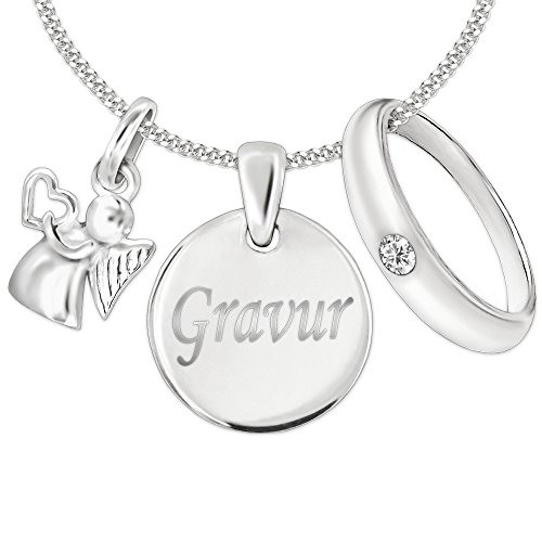 CLEVER SCHMUCK Set mit Gravur: 3 Silberne Anhänger Gravurplatte 12 mm inkl. Gravur einseitig + Mini Engel 10 mm Herz in der Hand + wählbarem Zirkonia-Taufring und Kette STERLING SILBER 925 im Etui