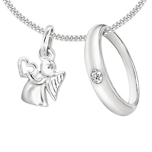 Clever Schmuck Set 2 Silberne Baby Anhänger Mini Engel 10 mm mit Herz in der Hand und Taufring schlicht Zirkonia kristallweiß & Kette Panzer 34 cm STERLING SILBER 925 im Taufe Etui weiß