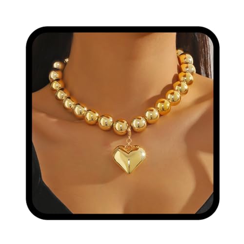 Handcess Herz Anhänger Halskette Gold Perlenkette Chunky Statement Halsketten für Damen
