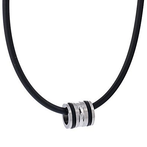 DonDon Kautschuk Halskette mit Edelstahl Anhänger und Kautschuk Ringen in einem schwarzen Samtbeutel