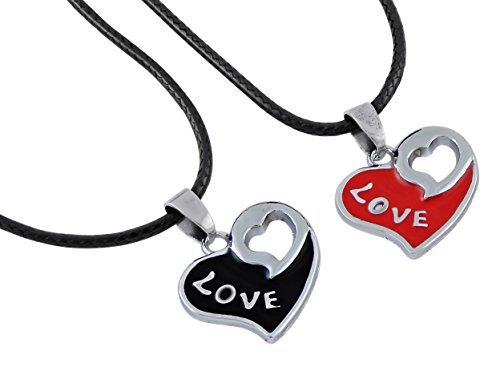 Hanessa Schmuck Partner-Kette 2x Kunst-Leder Halsketten Silber Herz Anhänger Rot & Schwarz Love Liebe Geschenk zu Weihnachten für Freund o. Freundin / Mann o. Frau /Damen Herren