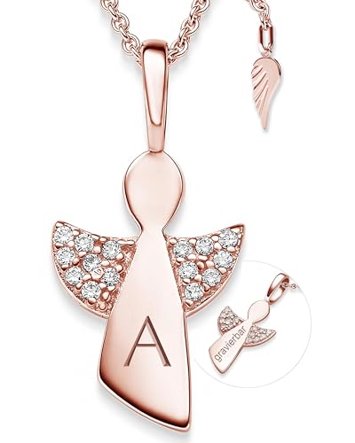 Schutzengel Kette Kommunion Mädchen Rosegold (Silber 925 vergoldet) | personalisierte Halskette Engel-Anhänger Kinder mit Gravur Buchstabe Name | Taufkette Geschenk Taufe Erstkommunion Konfirmation