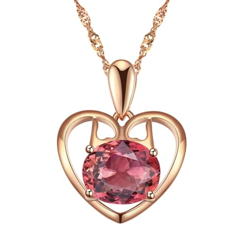 Bishilin Halskette Damen Rotgold 585, Charms Anhänger Herz mit Rot Turmalin 1ct Kette Rosegold 45CM für Frauen