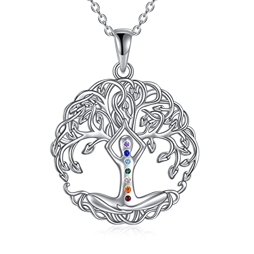 YAFEINI Lebensbaum Kette für Damen 7 Chakra Halskette Sterling Silber Kreuz Chakra Halsketten für Mama Frauen Mädchen(Baum des Lebens Halskette)