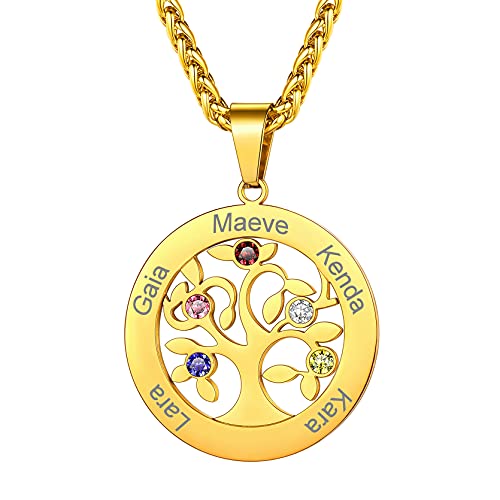 GoldChic Personalisierte Namenskette mit Lebensbaum Anhänger Damen Frauen Rund Zirkonia Familiensbaum Halskette mit Name/Textgravur in Gold Geschenke für Weihnachten Muttertag