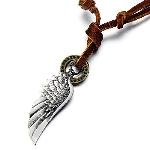 COOLSTEELANDBEYOND Retro-Stil Engelsflügel Anhänger Herren Damen Halskette mit Verstellbaren Lederband