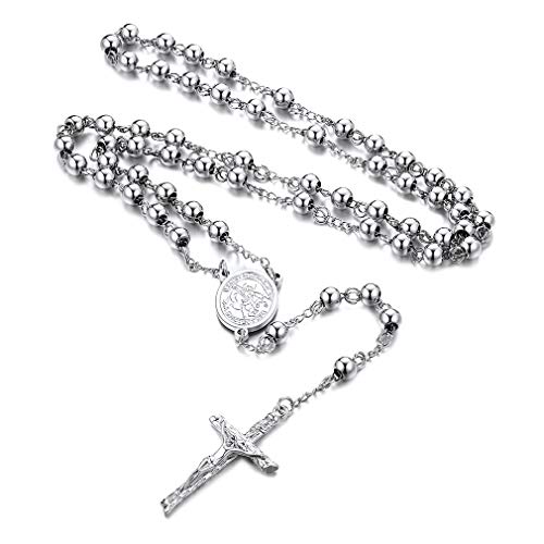 FaithHeart Edelstahl Rosenkranz für Damen und Herren mit Kreuz Anhänger Schutzengel Perlenkranz Silber Kette mit Jungfrau Maria Coins