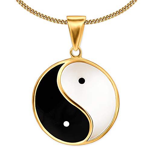 CLEVER SCHMUCK Halskette goldener großer Yin Yang Anhänger Ø 23 mm schwarz weiß lackiert Kette Panzer 45 cm 925 Silber gold-plattiert im Etui weiß