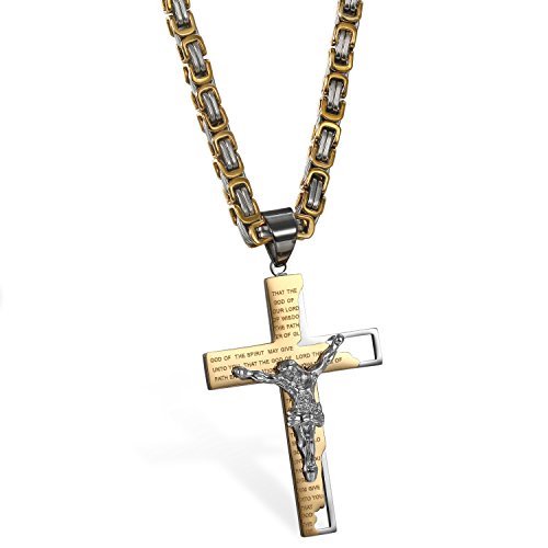 Cupimatch Herren Vintage Edelstahl Jesus Kreuz Anhänger Halskette mit Gravur Englische Bibel Gebet gold silber, Königskette 65cm