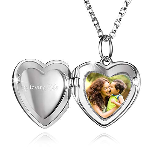 Custom4U Einfache Herzanhänger Halskette mit Bildgravur S925 Silber Anpassbare Foto Medaillon zum Öffnen für Photo Amulett Herzanhänger Halskette mit Eingravierten Namen in Weißgold mit 41cm Kette