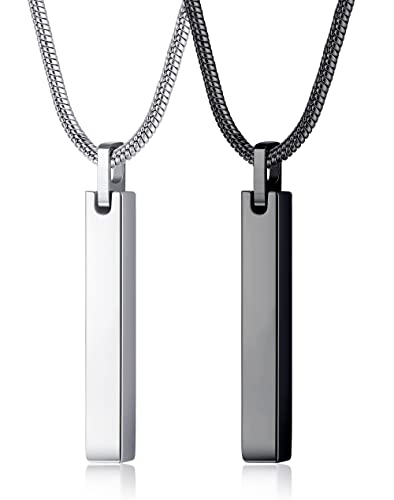 JeweBella 2PCS Halskette Quader Edelstahl für Herren Silber/Schwarz Bar Anhänger mit SchlangenKette 61CM Edelstahl Quader Kette für Männer Damen Schmuck Geschenk