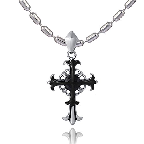 DonDon Herren Halskette Edelstahl 55 cm und Anhänger Kreuz zweifarbig aus Edelstahl mit schwarzem Stein in einem Samtbeutel