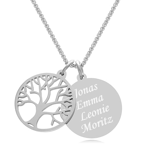 TIMANDO Damen Kette Baum des Lebens Anhänger mit Gravur, Lebensbaum Kette personalisiert, Familienkette mit Namen 40 cm