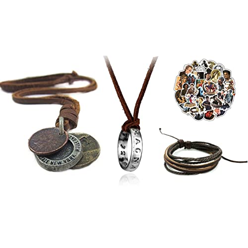 JinYu Drake Halskette mit graviertem Ringanhänger mit brauner Lederkette und Lederarmband und 20 Stück uncharted wasserdichten süßen Modeaufklebern