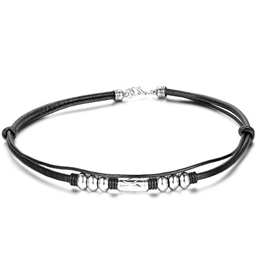 JewelryWe Schmuck Herren Damen Kette, Leder Legierung, Einfach Retro Punk Rock Beads Kugeln Geflochten Seil Halskette, Schwarz Silber - Breite 5mm Länge 45cm