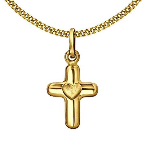 CLEVER SCHMUCK Set Goldener Anhänger Mini Kreuz 9 x 11 mm glänzend beidseitig abgerundete plastische Form mit erhabenen Herz seidenmatt 333 GOLD 8 KARAT und vergoldeter Kette Panzer 36 cm im Etui