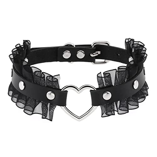 JewelryWe Schmuck Damen Choker Halsband Leder Spitze Halskette Gothic Punk Lolita Herz Collier Kette verstellbare Schnalle Kragen Halsketten für Frauen Mädchen Schwarz