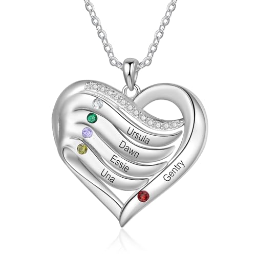 kaululu Personalisierte Damen Kette mit Gravur von Namen Herz-Anhänger Familien-Halskette mit Geburtsstein für Mama Muttertagsgeschenke Personalisierter Damen Schmuck