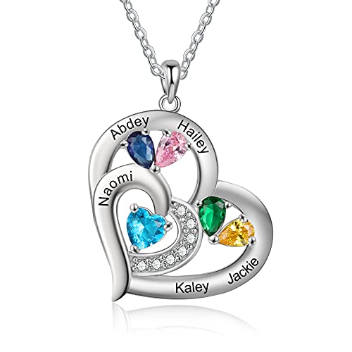 Personalisierte Namenskette Halskette für Damen Herz Anhänger Halskette mit 1-6 Geburtsstein Gravur Mutter Tochter Kette Geschenk für Muttertag Valentinstag Weihnachten