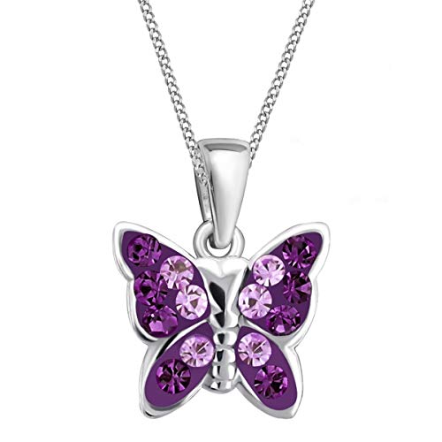 Kristall Schmetterling ANHÄNGER + 40cm KETTE 925 Echt Silber Mädchen Baby Kinder Halskette (2) Lila-Amethyst)