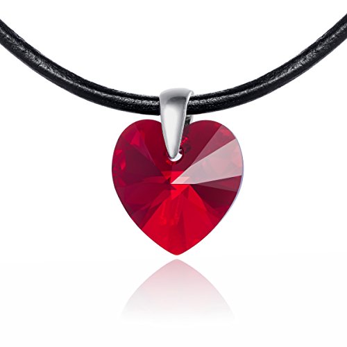 Damen Leder-Kette schwarz Swarovski Elements Herz rot längen-verstellbar Schmuck-Beutel Kleine Geschenke