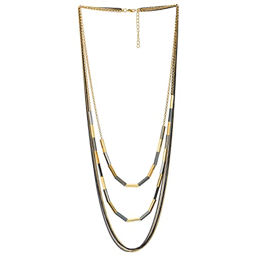 COOLSTEELANDBEYOND Gold Schwarzes Statement Halskette, Mehrfachstrang Geschichtetes Wasserfall Lange Ketten mit Rohr Anhängern, Kleid Party