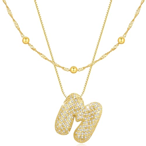 Personalisierte Kette mit Buchstaben Anhänger, Layering Halskette Damen Gold Statement Kette Damen mit Bling Zirkonia Choker Kette Gold, Geschenke für Frauen (M)