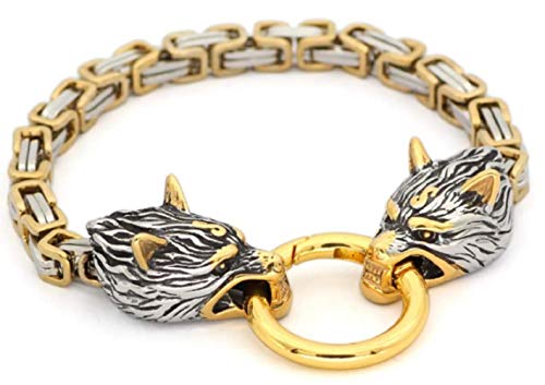 Viking Wolf Kopf Armband Männer | Edelstahl Königskette | Silber Bicolor Geschenktasche | STEAMPUNK | 21cm 23cm 25cm (Gold, 25)