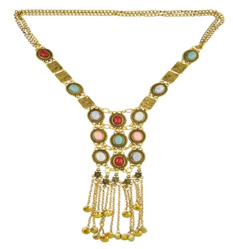 YAZILIND Bohomian Quaste Anhänger Grobstrick Halskette Retro Ethno Stil Lange Pullover Kette Übertrieben Damen Kragen Türkis Schmuck(Gold)