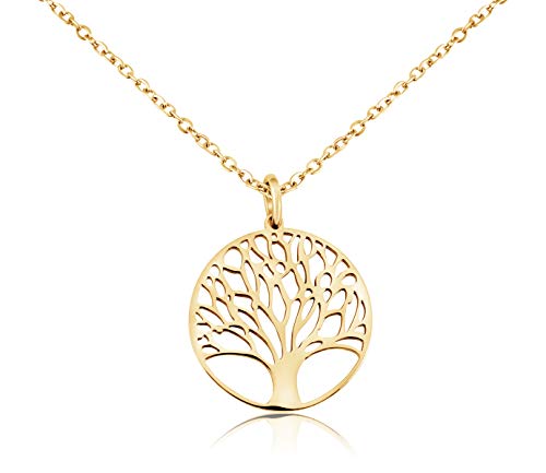 Nuoli® Damen Lebensbaum Kette Gold (45 + 5cm verstellbar) Halskette Baum des Lebens Anhänger, aus poliertem Edelstahl