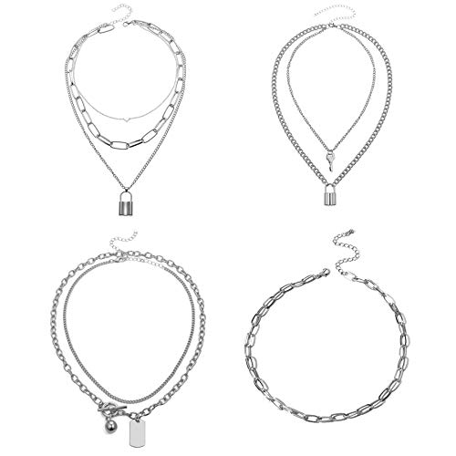 JewelryWe Schmuck 4PCS Halskette Damen mit Schloss Schlüssel Dog Tag Anhänger & Mehrschichtige Choker Kette Geschenk Silber mit Gravur