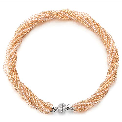 COOLSTEELANDBEYOND Champagner Gold Statement Halsketten Anhänger Multi-Schichten Perlen Kristall Geflochtene Kette Halsband Choker
