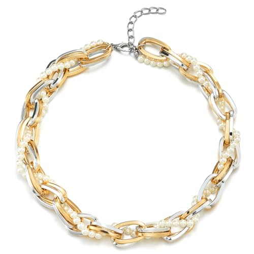 COOLSTEELANDBEYOND Mode Statement Halskette, Gold Silber Kette Verflochtenen mit Perle Schnur, Große Halsband Choker Halskette