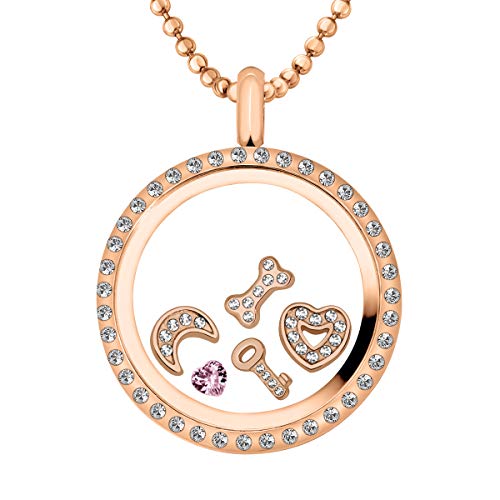 Quiges Rosegold Edelstahl Living Memory Zirkonia Anhänger 30mm mit Kette und 5 Floating Charms