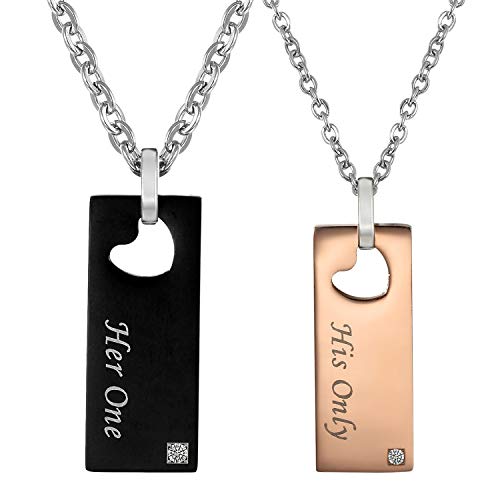 Flongo Partner Anhänger Freundschaftsketten Halskette Set, 2 Stück Zirkonia Edelstahl BFF Kette mit His Only, Her One Gravur Herz Erkennungsmarke Dog Tag Schwarz Rose Gold Partnerketten Herren,Damen