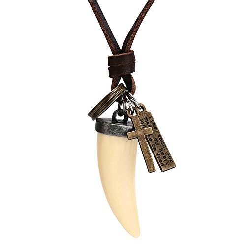 SonMo Verstellbar Herren Leder Halskette Anhänger Kettenanhänger Zahn Leder Kette Männer Beige Länge 75.4CM