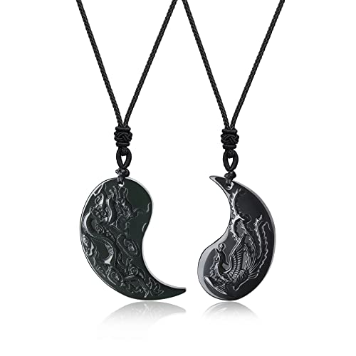 COAI Geschenkideen Glückskette aus Obsidian Taichi Yin und Yang Drachen und Phönix Gravur Anhänger EIN Paar Partner Ketten