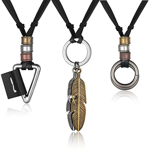Jbniuay Kette Herren Lederkette Set Braun/Schwarz - Retro Leder Halskette mit Anhänger - Verstellbaren Herrenkette 3 Stücke (Schwarz)
