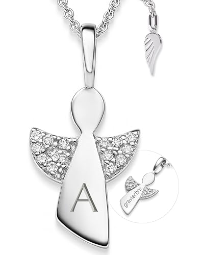Schutzengel Kette Mädchen Kommunion Silber 925 | personalisierte Halskette mit Engel-Anhänger für Kinder mit Gravur Buchstabe Name | Kinderkette Taufkette Geschenk zur Taufe Erstkommunion Konfirmation