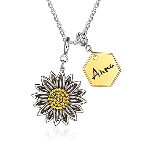 lorajewel Sonnenblume Damen Halskette Namen Silber Kette mit Gold Anhänger Gold Kristall Handmade Personalisierte Schmuck Geschenke für Frauen