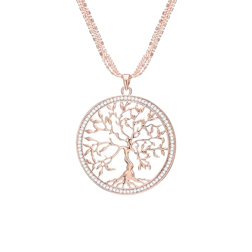 Taffstyle Damen Lange Halskette Kette Lebensbaum Anhänger mit Strass Kristall Glitzer Steinen Lang Baum des Lebens Vintage Glücksbringer Roségold