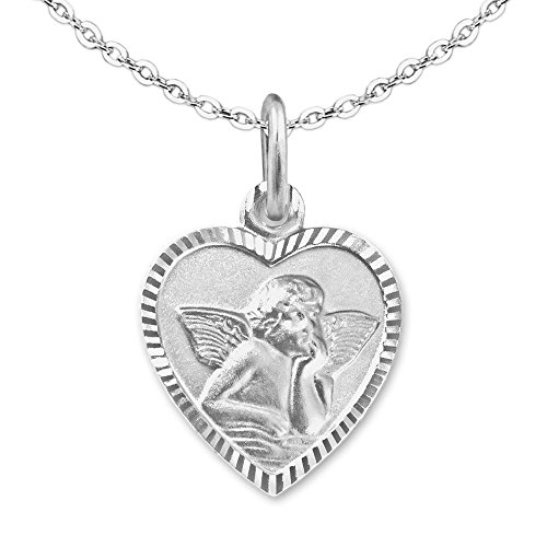 CLEVER SCHMUCK Mädchen Halskette Herz Anhänger Herz 11 mm mit Engel Rückseite Gott schütze dich Kette Anker 40 cm Sterling Silber 925 für Kinder im Etui weiß