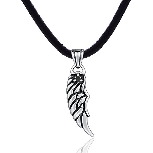 DonDon Herren Halskette Leder 50 cm und Flügel Anhänger aus Edelstahl mit schwarzem Stein in einem Samtbeutel