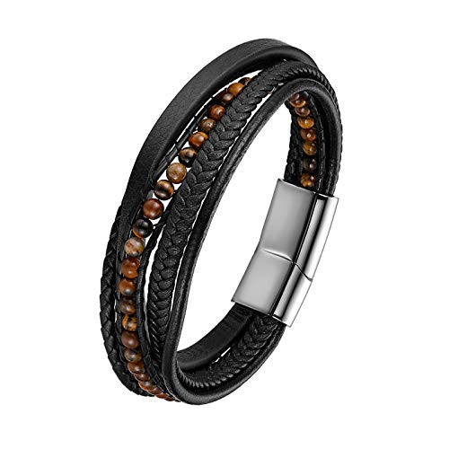 Flongo Herren Lederarmband mit braun Naturstein Perlen Kugel Armband Premium Geflochten Leder Kette Braid punk Manschette Armreif mit Magnet Verschluss Vatertagsgeschenk für Männer Schwarz braun